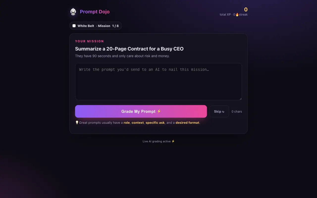 Prompt Dojo interface showing a mission brief and prompt grading control