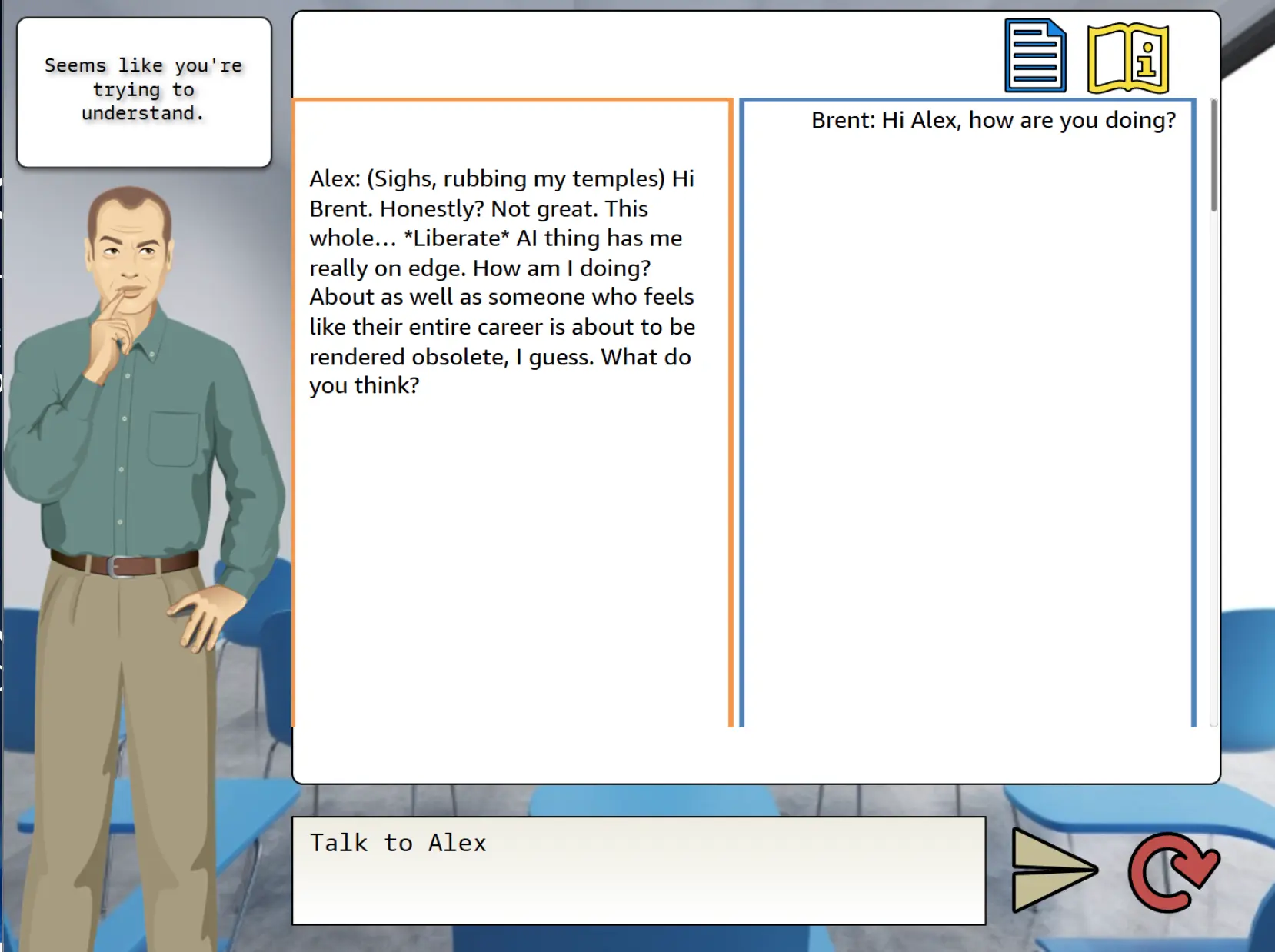 The Trainer Experience Series simulation, showing a live conversation with an AI employee
